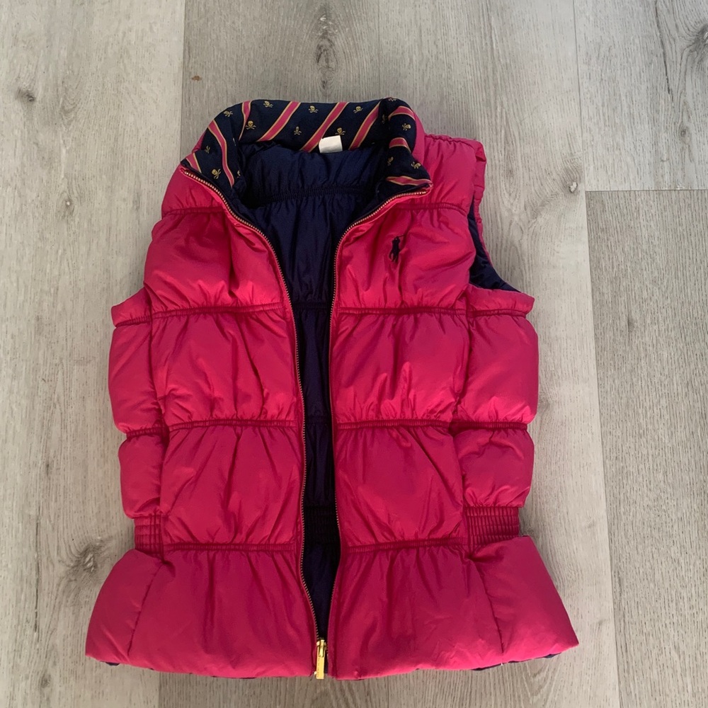Ralph Lauren Girls Reversible Down Puffer Vest, Pink & Navy sz 16 XL logo fall